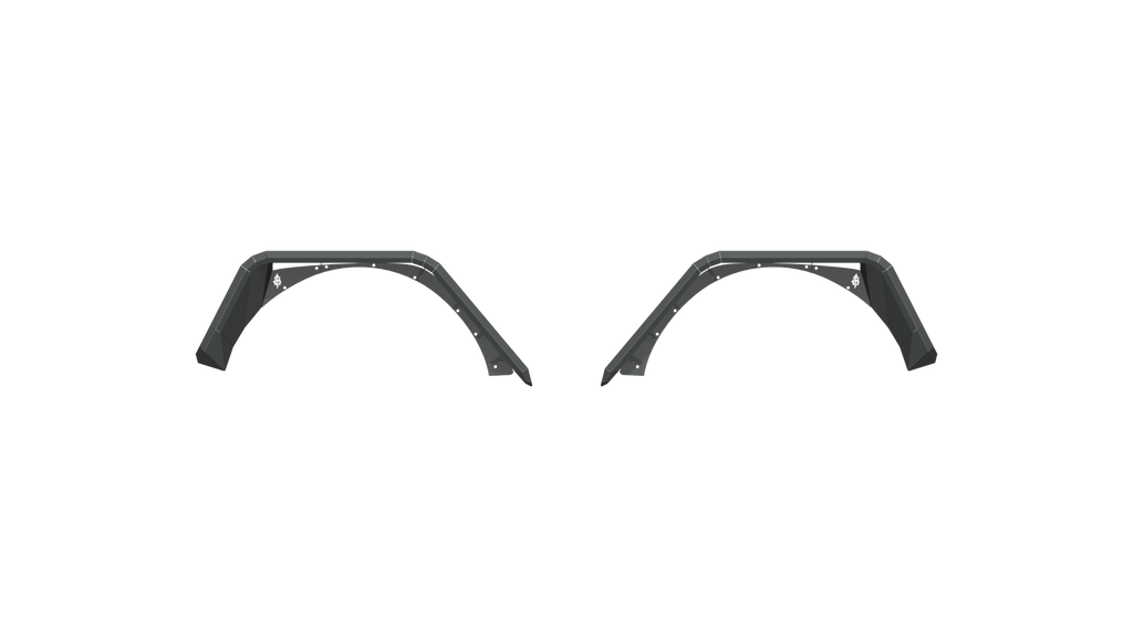 A pair of 2018+ Jeep JL Rubicon Stealth Rear Fender Flares in textured black, featuring bolt accents and mounting holes, are symmetrically displayed on a white background, highlighting their durable body armor design for wheel wells.