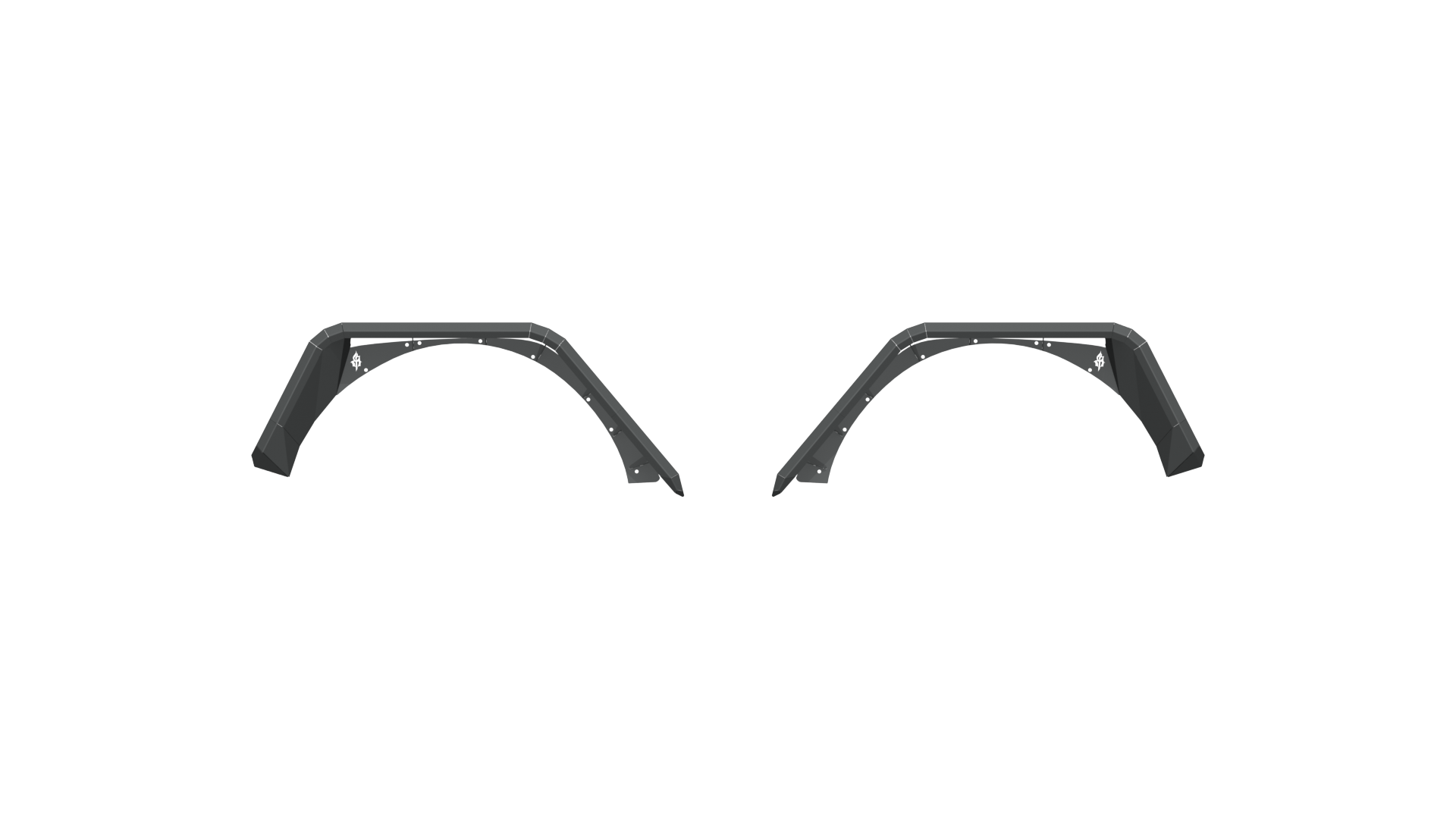 A pair of 2018+ Jeep JL Rubicon Stealth Rear Fender Flares in textured black, featuring bolt accents and mounting holes, are symmetrically displayed on a white background, highlighting their durable body armor design for wheel wells.