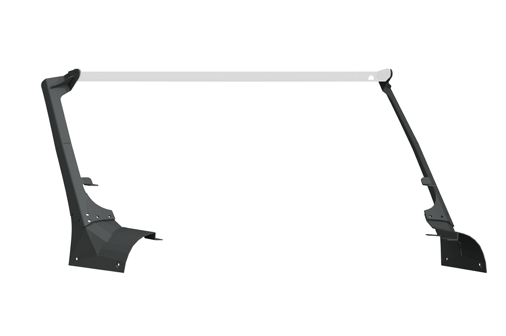 The 2018+ Jeep JL Rubicon Stealth A-Pillar JL Light Mounts (51.5 + 1 Lower Mount, Texture Black) feature sturdy angled side supports and mounting plates, designed for safe, secure installation inside your vehicle. Shown against a white background.