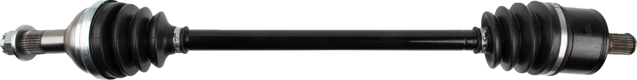 A car’s black axle shaft with metal ends and rubber boots on both sides, shown horizontally against a white background. The shaft is cylindrical, with ribbed rubber coverings and splined metal tips on each end for vehicle connection.