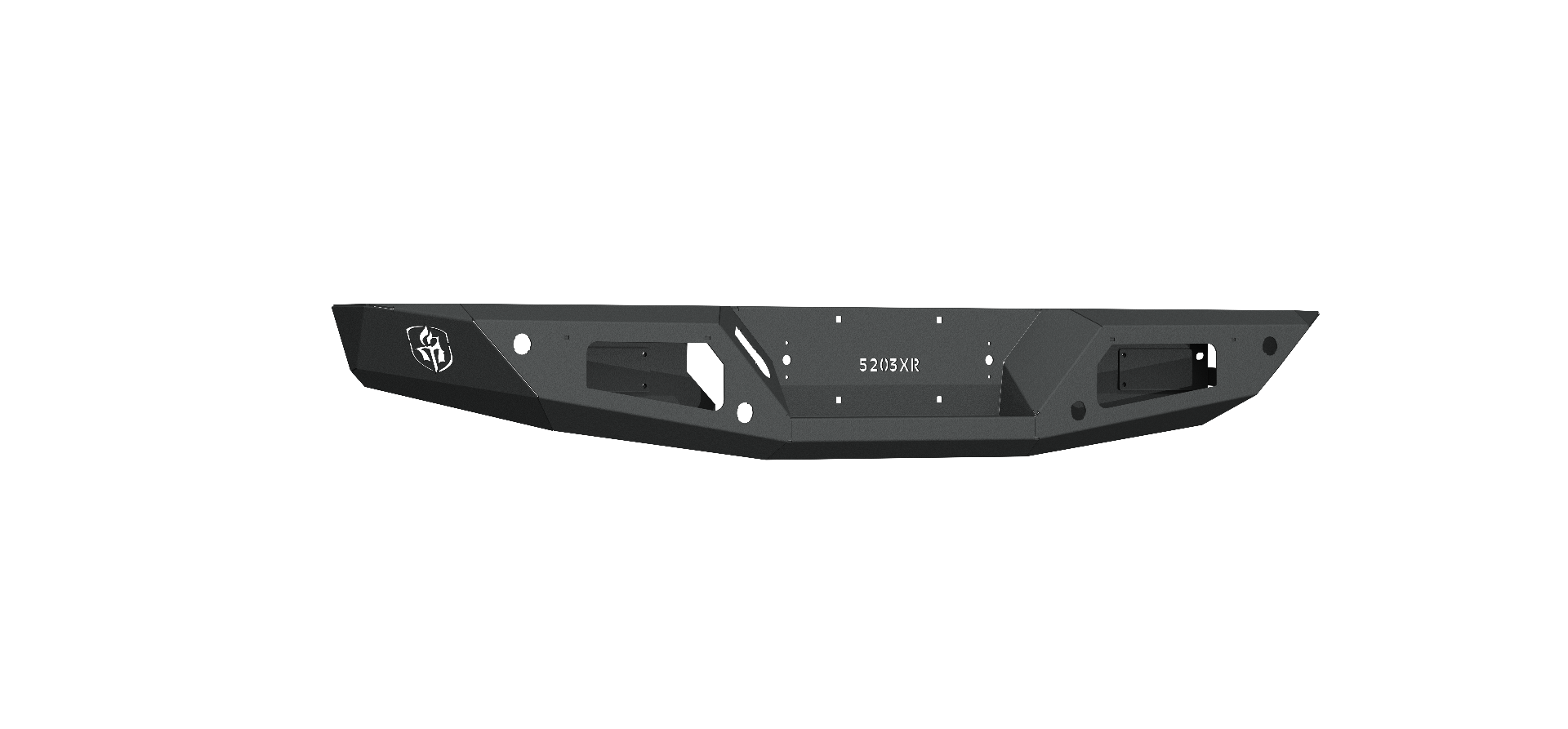 The 2020+ Jeep JT Sport Spartan Rear Bumper in textured black is a rugged, angular metal bumper with hexagonal cutouts, mounting holes, and a logo on the left side. Its geometric contours are perfect for off-road vehicles.