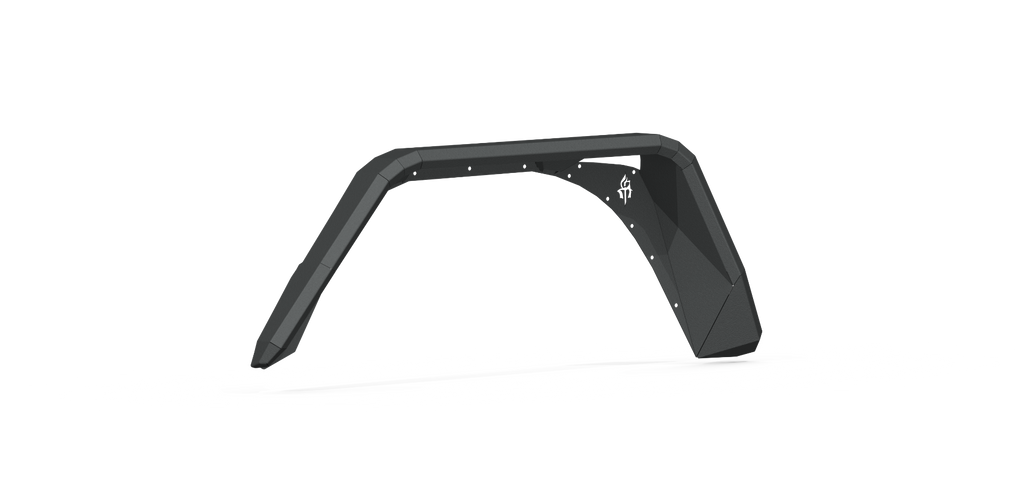A 2020+ Jeep JT Sport Stealth Rear Fender Flare Gladiator Body Armor in textured black, featuring an angular geometric design with sharp edges and bolts along the top, designed to fit over a vehicle wheel well. Plain white background.
