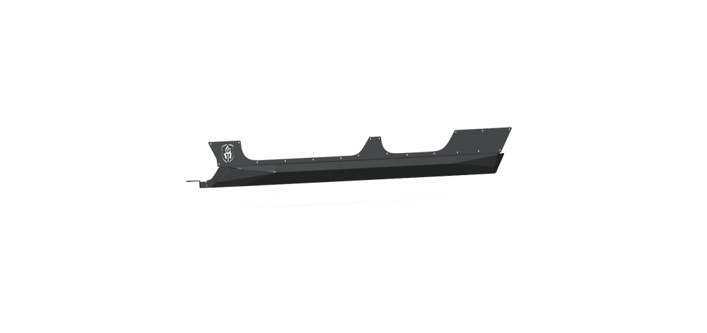 The 2020+ Jeep JT Sport Stealth JT Rocker Armor Panel and Guard (4 Door) in textured black is a sleek, matte-finish, angular side skirt with a raised center and logo, designed for automotive use, shown on a white background with a subtle shadow.