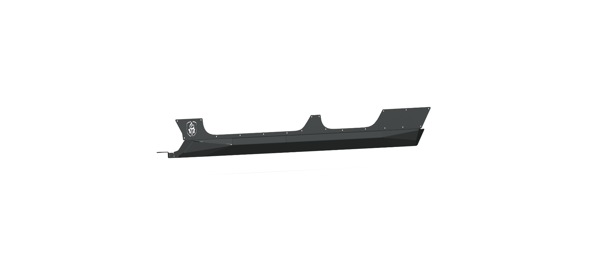 The 2020+ Jeep JT Sport Stealth JT Rocker Armor Panel and Guard (4 Door) in textured black is a sleek, matte-finish, angular side skirt with a raised center and logo, designed for automotive use, shown on a white background with a subtle shadow.