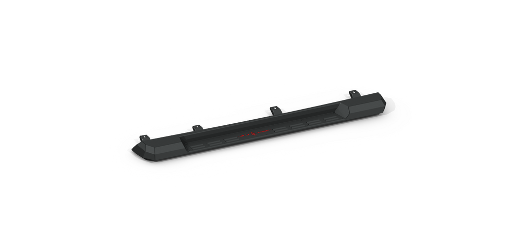 The 2020+ Jeep JT Sport Stealth Running Board Step Gladiator (4 Door) in texture black features four evenly spaced vertical holders and a central red digital display, shown on a plain white background with a white, irregular shadow.