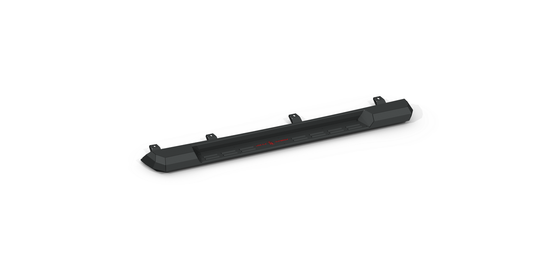 The 2020+ Jeep JT Sport Stealth Running Board Step Gladiator (4 Door) in texture black features four evenly spaced vertical holders and a central red digital display, shown on a plain white background with a white, irregular shadow.