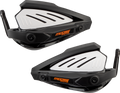 Two black and white plastic handguards with vented panels and the “Moose Racing” logo in orange on each guard. They feature a angular design with mounting hardware visible on one end of each guard. Both handguards are positioned side by side with a light 