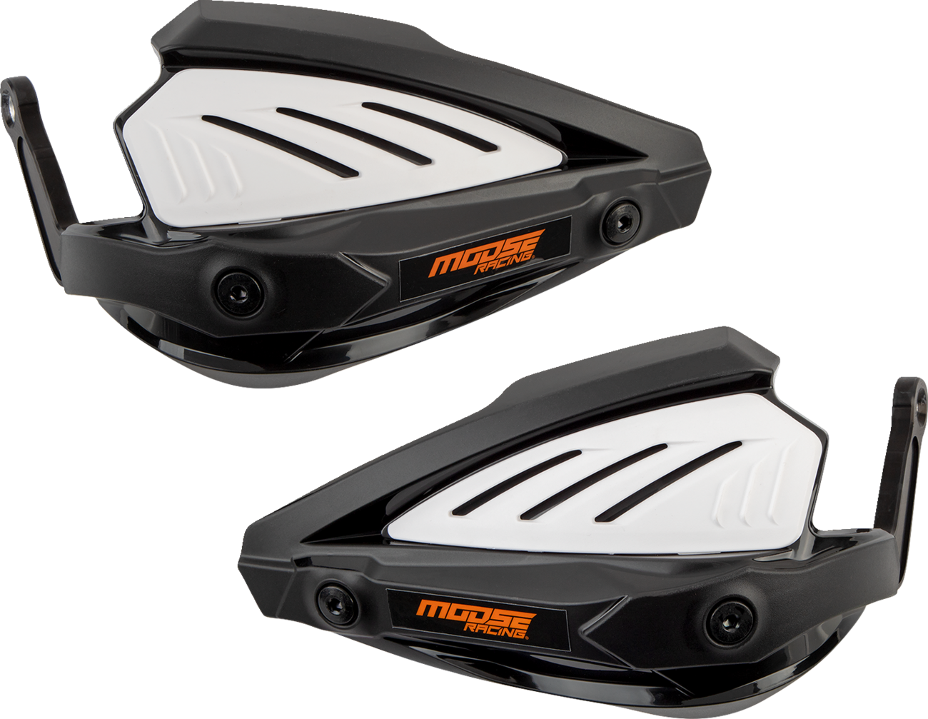 Two black and white plastic handguards with vented panels and the “Moose Racing” logo in orange on each guard. They feature a angular design with mounting hardware visible on one end of each guard. Both handguards are positioned side by side with a light 