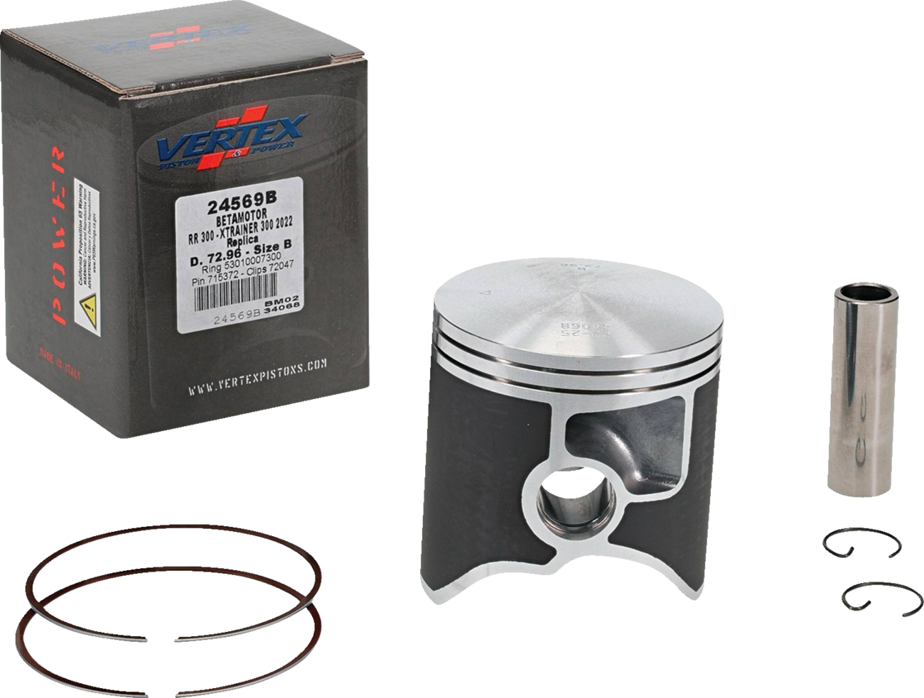A Vertex piston kit is shown, including a black and silver metal piston, two thin piston rings, a cylindrical wrist pin, two small circlips, and a branded Vertex box with a white label listing model and size details. All items are on a plain white backgro