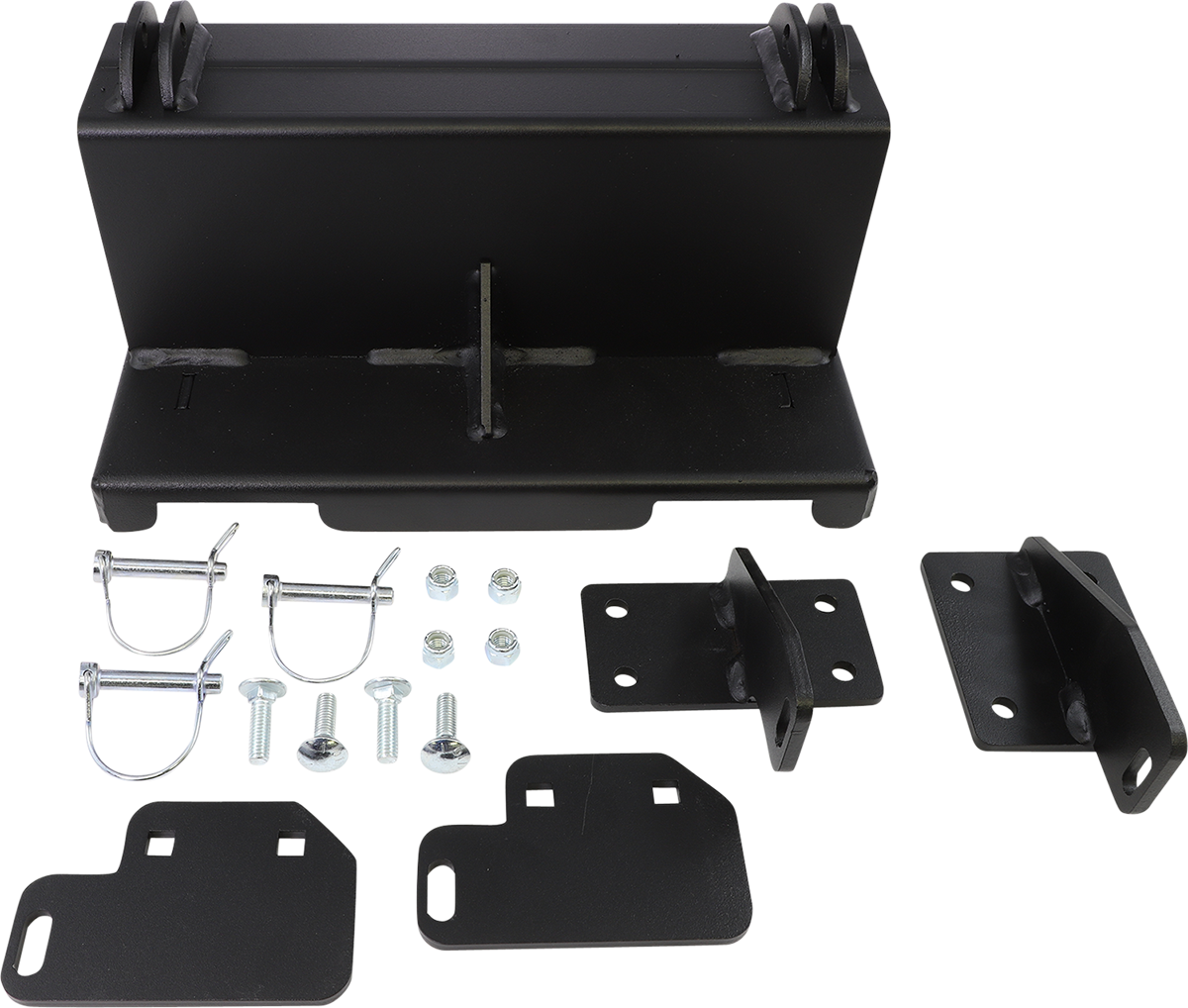 A black metal bracket assembly with several components: a large rectangular bracket, three smaller brackets, two U-bolts, four bolts, four nuts, and three flat mounting plates, all arranged neatly on a plain white background.
