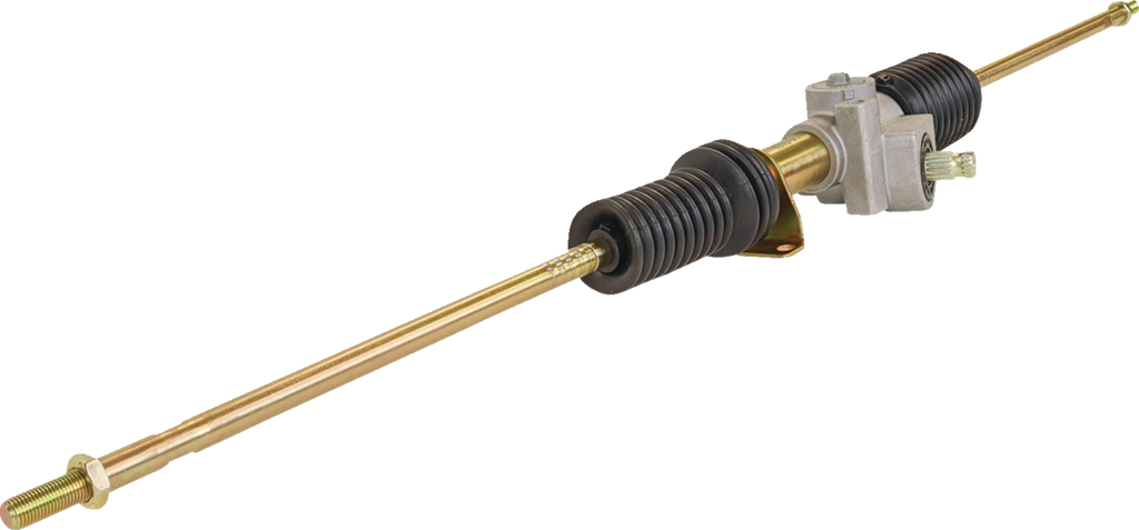 A gold-colored automotive steering rack with black rubber boots on both ends and a silver mounting bracket in the center, shown isolated on a white background. The rack features threaded rods and protective bellows on each side.