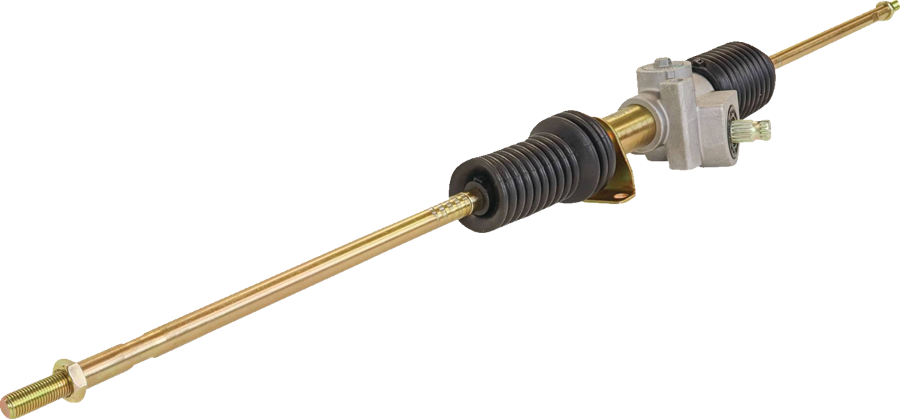 A gold-colored automotive steering rack with black rubber boots on both ends and a silver mounting bracket in the center, shown isolated on a white background. The rack features threaded rods and protective bellows on each side.