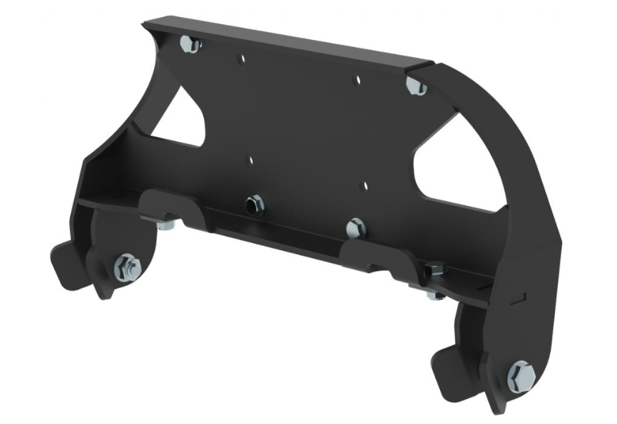The Front-mount adapter for CFMOTO CFORCE 550/600 (2019) and 800/820 is a sturdy black metal bracket with a flat central plate, curved side supports, slots, cutouts, and multiple bolts and nuts for secure heavy-duty installation.