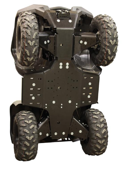 A Yamaha Grizzly 550/700 (-2013) ATV fitted with a plastic skid plate full set is shown vertically on its rear, revealing the rugged black undercarriage, reinforced frame, and thick knobby tires with symmetrical tread patterns.
