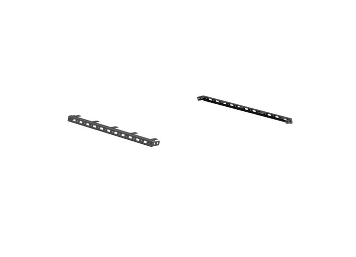 The See Treck Kitting Tab Treck - Dual Upper, 5 1/2 To 6Ft. Bed Accessory Rails & 5-Light Mounts (Pair) in textured black are parallel metal rails with evenly spaced holes, suitable for rack mounting.