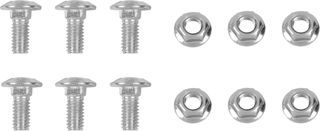 Eight silver metal bolts with hexagonal heads are arranged in two vertical columns on the left, and eight matching hexagonal nuts are lined up in two columns on the right, all displayed on a plain white background.