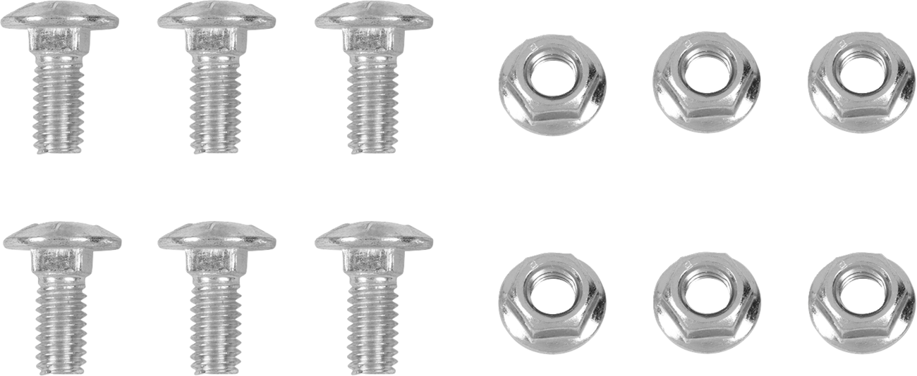 Eight silver metal bolts with hexagonal heads are arranged in two vertical columns on the left, and eight matching hexagonal nuts are lined up in two columns on the right, all displayed on a plain white background.