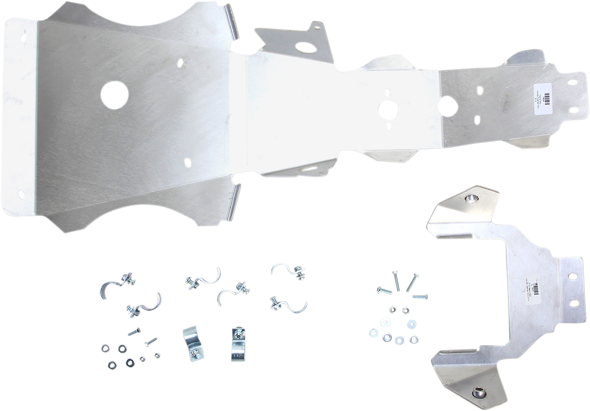 A set of metal skid plates and mounting hardware laid out on a white background. The kit includes large contoured metal plates with mounting holes, several brackets, clamps, nuts, bolts, and washers, all organized and clearly visible.