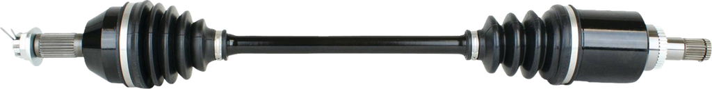 A car CV axle shaft featuring two black rubber boots with accordion folds at each end, metal joints visible on both sides, and a straight black shaft connecting the two ends. The background is plain and white.