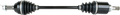A car CV axle shaft featuring two black rubber boots with accordion folds at each end, metal joints visible on both sides, and a straight black shaft connecting the two ends. The background is plain and white.