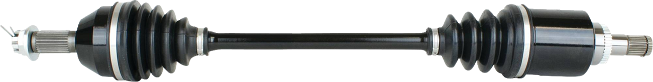 A car CV axle shaft featuring two black rubber boots with accordion folds at each end, metal joints visible on both sides, and a straight black shaft connecting the two ends. The background is plain and white.
