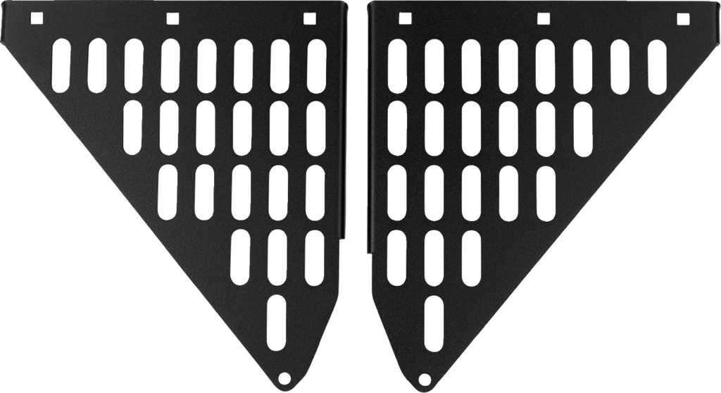 Two black, triangular metal brackets with rounded rectangular cutouts are placed side by side. Each bracket has a series of evenly spaced slots and small square holes near the edges, suggesting they are mounting or shelving components.