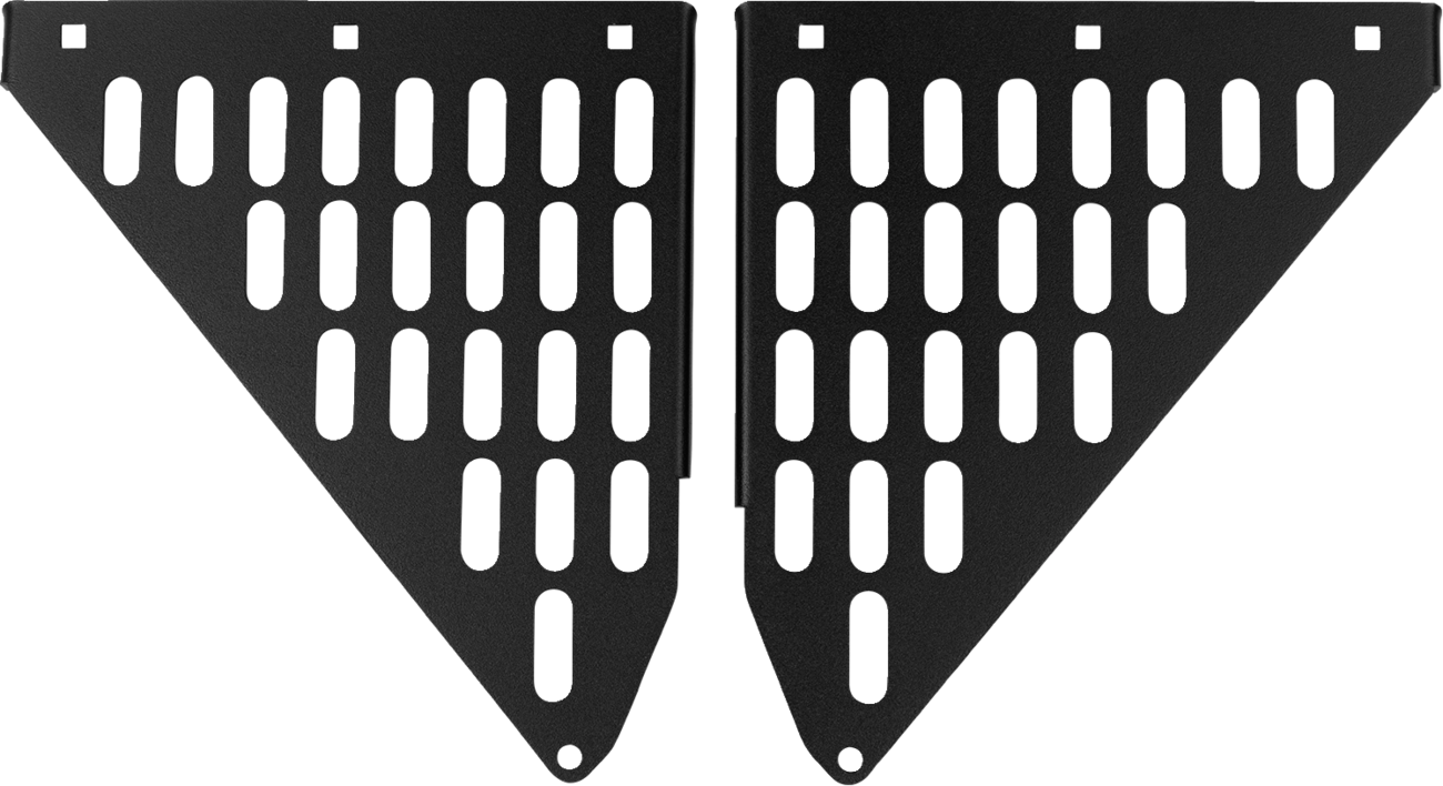 Two black, triangular metal brackets with rounded rectangular cutouts are placed side by side. Each bracket has a series of evenly spaced slots and small square holes near the edges, suggesting they are mounting or shelving components.