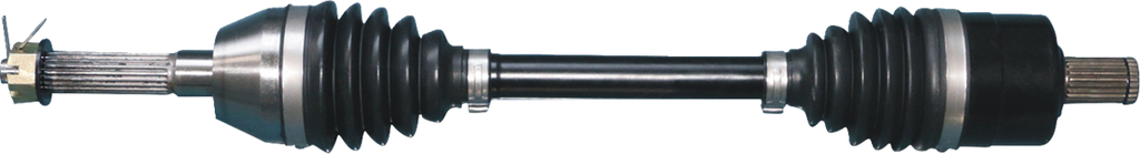 A car CV axle shaft with black rubber boots on both ends, metal clamps, and exposed splined ends for connection, displayed horizontally on a white background.