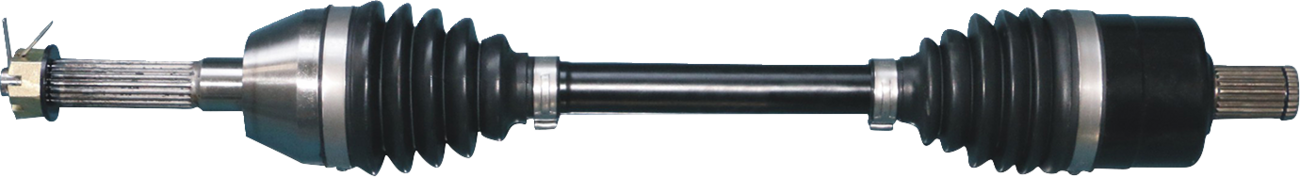 A car CV axle shaft with black rubber boots on both ends, metal clamps, and exposed splined ends for connection, displayed horizontally on a white background.