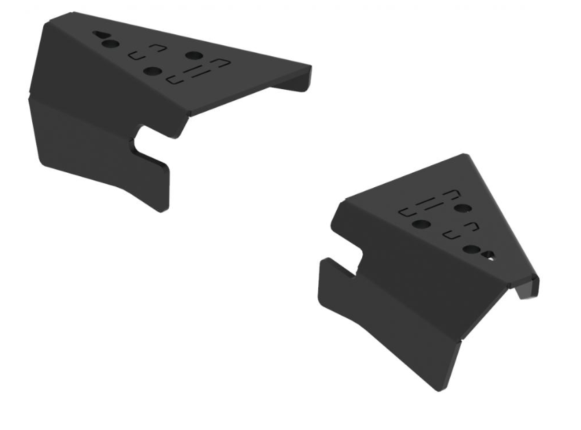 A pair of black, angular metal Pl. Front A-arm guards with geometric cutouts and circular holes for the Polaris Sportsman 570 (2021+), each featuring a bent edge and notched section, displayed on a plain white background.