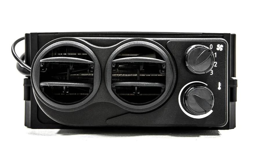 Close-up of the Polaris Ranger Mid Size 570 Cab Heater’s black control panel, featuring two circular air vents, a 0–3 fan speed dial, and a temperature knob with a blue-to-red gradient, shown against a white background.