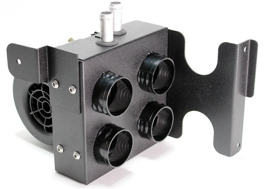 The Inferno Cab Heater Kit With Defrost for 2017-Current Polaris Ranger 570 Full Size features a black metal body, four circular vents, two silver pipes on top, a side fan, and a mounting bracket—ideal for efficient cab air distribution.