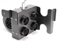 The Inferno Cab Heater Kit With Defrost for 2017-Current Polaris Ranger 570 Full Size features a black metal body, four circular vents, two silver pipes on top, a side fan, and a mounting bracket—ideal for efficient cab air distribution.