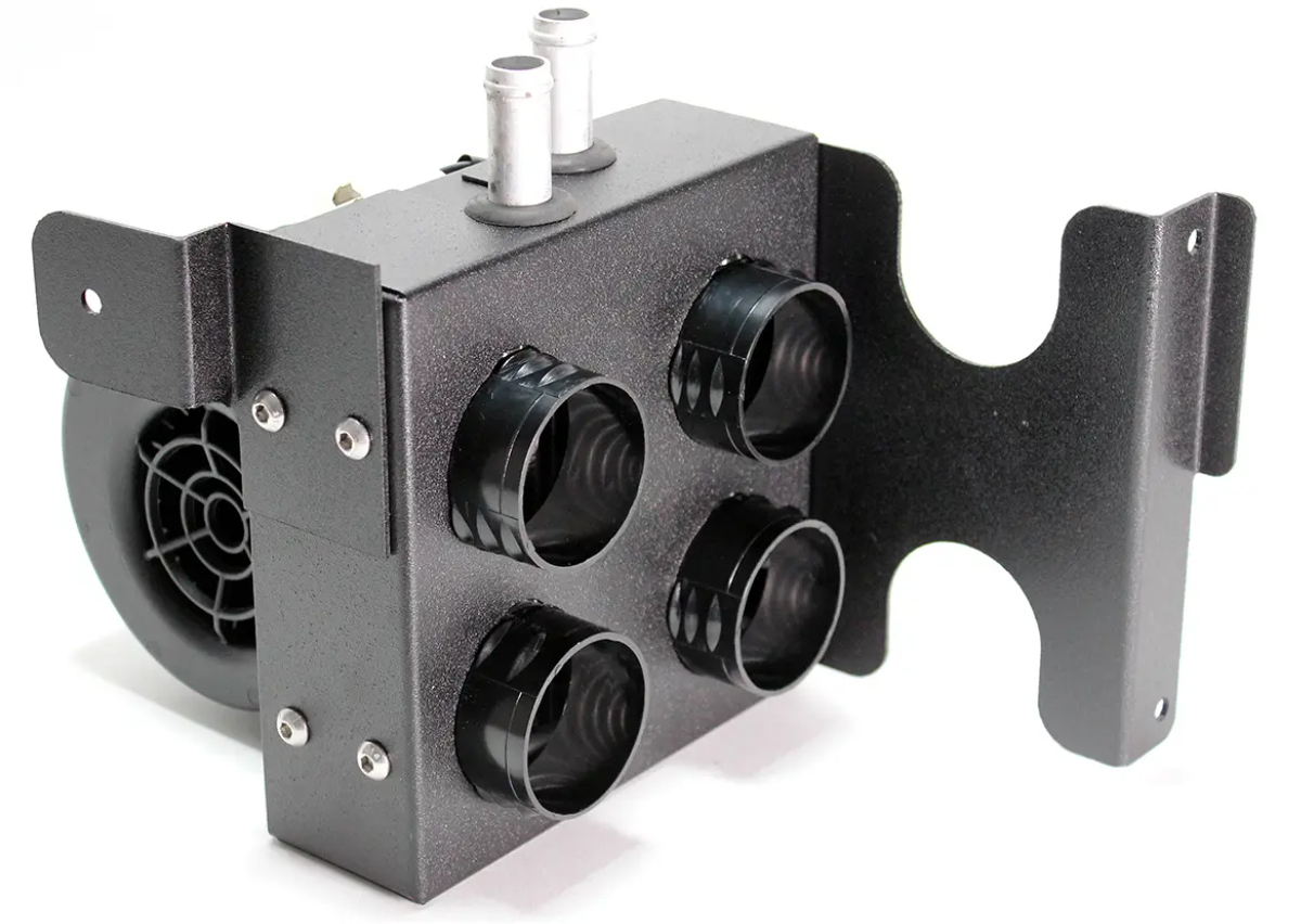 The Inferno Cab Heater Kit With Defrost for 2017-Current Polaris Ranger 570 Full Size features a black metal body, four circular vents, two silver pipes on top, a side fan, and a mounting bracket—ideal for efficient cab air distribution.