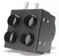 The Inferno Cab Heater Kit With Defrost for 2014-2021 Polaris Ranger 500 & 570 Mid Size features a black metal box with four front air vents, two silver inlet/outlet tubes on top, and visible side screws—ideal for compact in-cab heating and ventilation.