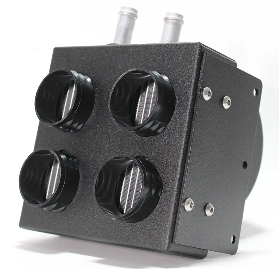 The Inferno Cab Heater Kit With Defrost for 2014-2021 Polaris Ranger 500 & 570 Mid Size features a black metal box with four front air vents, two silver inlet/outlet tubes on top, and visible side screws—ideal for compact in-cab heating and ventilation.