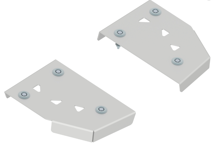 Light gray metal Rear A-arm guards (pair) for Polaris ACE 325/570 and RZR 570, each with three circular bolts and a central triangular cutout, shown at varying angles on a white background.