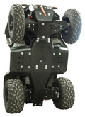 A rugged skid plate full set (plastic) for Polaris Sportsman 570 / 450 HO / ETX (up to MY 2020) is shown from underneath, highlighting its black design and durable construction that protects vital components on rough terrain.