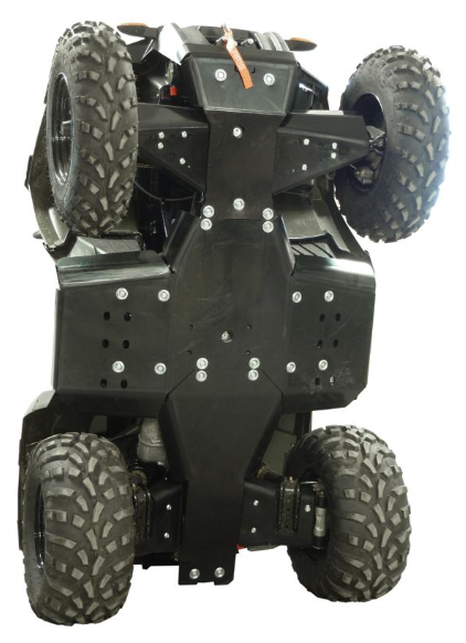 A rugged skid plate full set (plastic) for Polaris Sportsman 570 / 450 HO / ETX (up to MY 2020) is shown from underneath, highlighting its black design and durable construction that protects vital components on rough terrain.