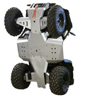 The Skid plate full set (aluminium) for Polaris Sportsman 570/450 HO/ETX (up to MY 2020) is shown on a sturdy, four-wheeled off-road vehicle with large knobby tires and a durable metal undercarriage against a white background.