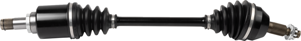A black automotive CV (constant velocity) axle shaft with ribbed rubber boots on both ends, splined metal tips, and shiny metallic connectors, isolated on a white background. The part connects vehicle wheels to the transmission for power transfer.