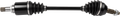 A black automotive CV (constant velocity) axle shaft with ribbed rubber boots on both ends, splined metal tips, and shiny metallic connectors, isolated on a white background. The part connects vehicle wheels to the transmission for power transfer.