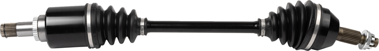 A black automotive CV (constant velocity) axle shaft with ribbed rubber boots on both ends, splined metal tips, and shiny metallic connectors, isolated on a white background. The part connects vehicle wheels to the transmission for power transfer.