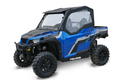 A Polaris General 1000 side-by-side is shown from a front-side angle with the Polaris General Framed Upper Door Kit (Pair) installed, featuring a blue body, black and gray accents, off-road tires, roof, and closed clear cab enclosure on a white background