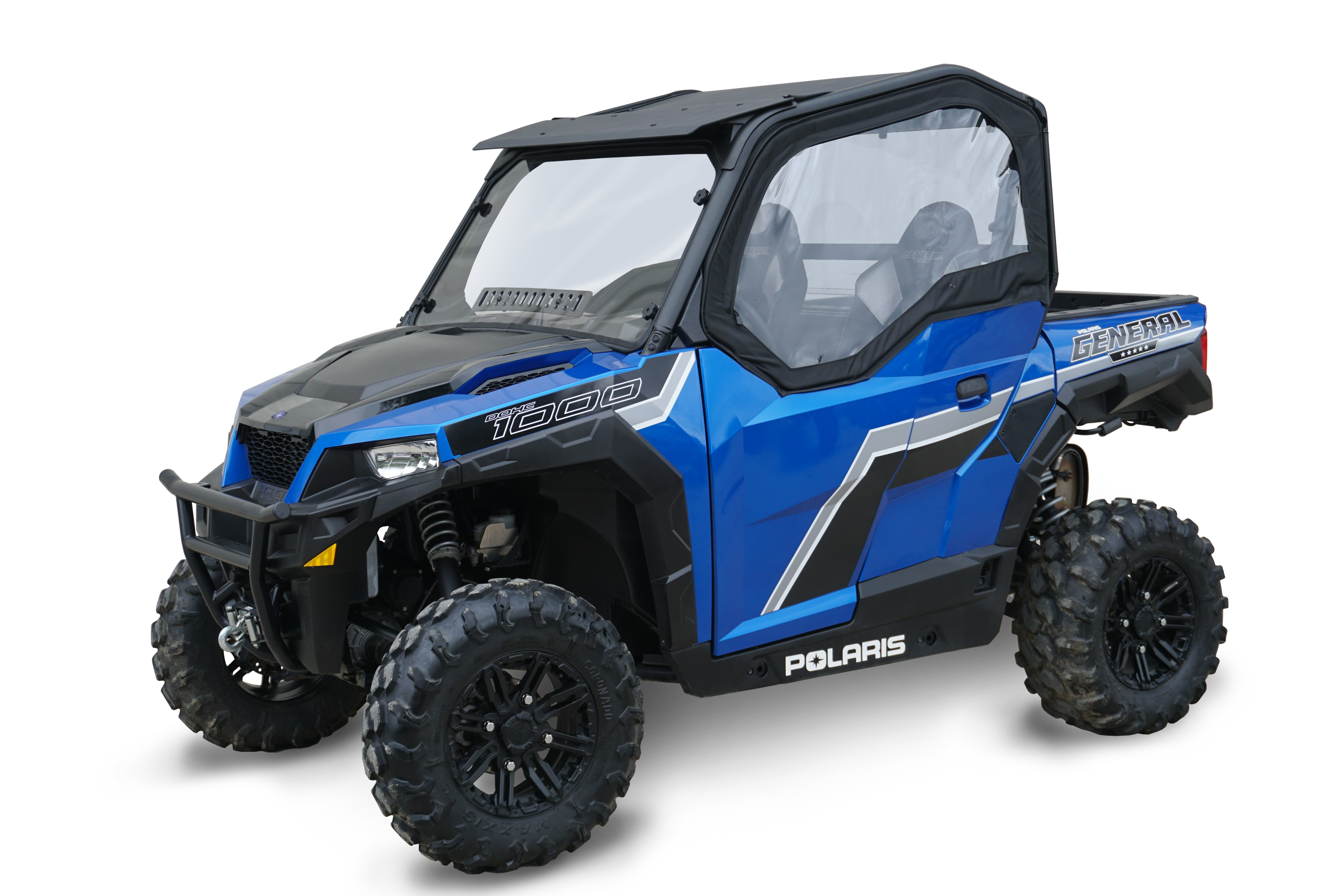 A Polaris General 1000 side-by-side is shown from a front-side angle with the Polaris General Framed Upper Door Kit (Pair) installed, featuring a blue body, black and gray accents, off-road tires, roof, and closed clear cab enclosure on a white background