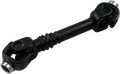 A black driveshaft with universal joints at both ends and a central shaft, featuring a protective boot in the middle. The part is metallic with precision-machined ends and is used to transfer rotational force in vehicles.