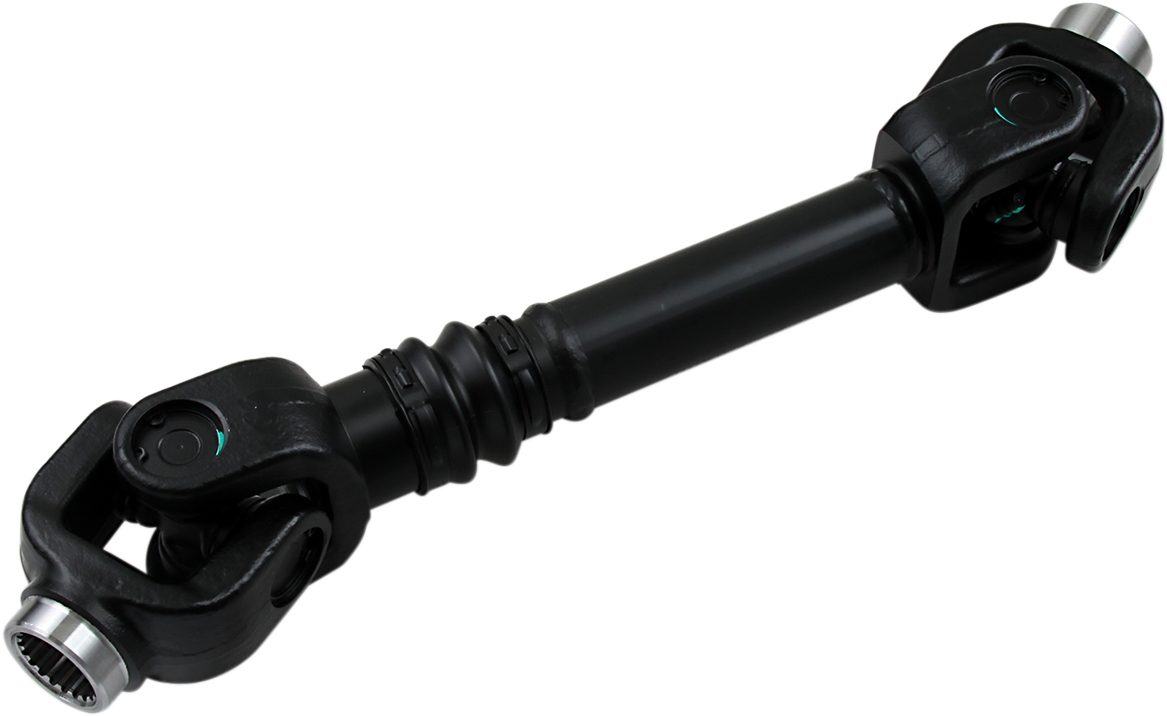 A black driveshaft with universal joints at both ends and a central shaft, featuring a protective boot in the middle. The part is metallic with precision-machined ends and is used to transfer rotational force in vehicles.