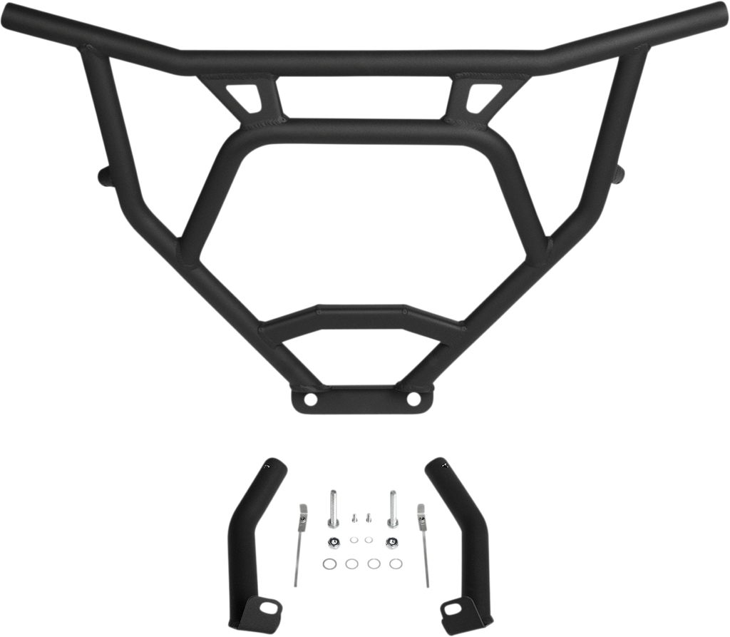 Black metal off-road bumper with angular design, shown with two mounting brackets and a hardware kit, including bolts, nuts, and washers, displayed on a white background.