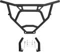 Black metal off-road bumper with angular design, shown with two mounting brackets and a hardware kit, including bolts, nuts, and washers, displayed on a white background.