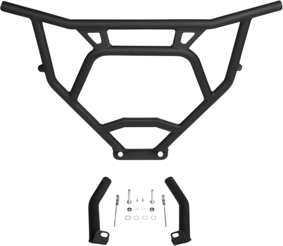 Black metal off-road bumper with angular design, shown with two mounting brackets and a hardware kit, including bolts, nuts, and washers, displayed on a white background.